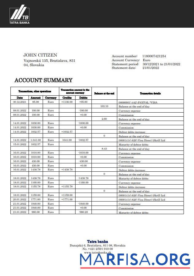 Realistic Slovakia Tatra bank statement word download for verification